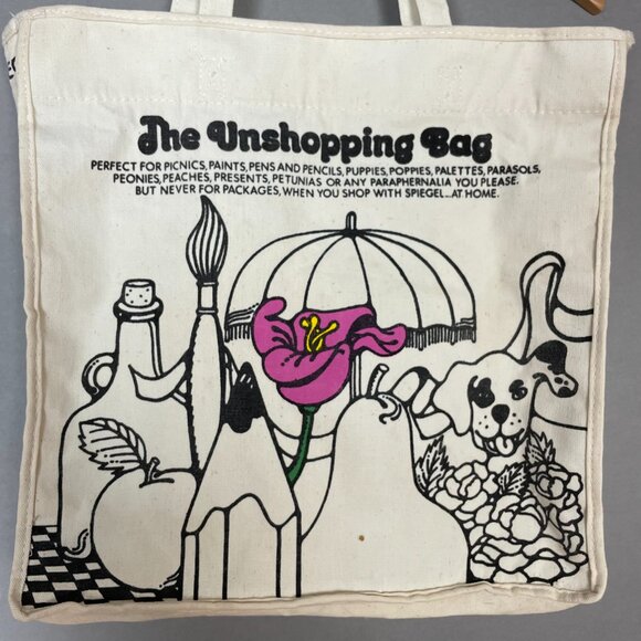 Vintage Spiegel The Unshopping Bag Canvas Tote Eclectic Retro 1970s Illustration - Picture 4 of 16